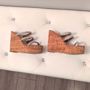 Steve Madden Rhinestone Strap Slip-On Cork Platform Wedge Heels